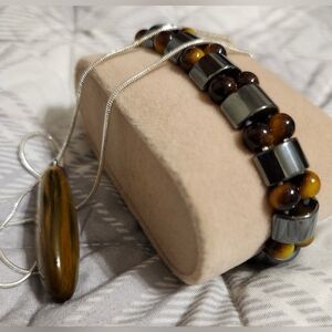 2pc .925 Silvery Chain W- Natural Tiger's Eye Quartz Pendant & Handmade Bracelet